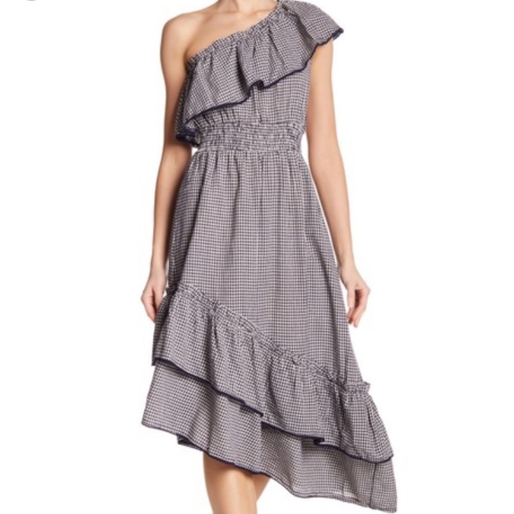 One Shoulder Gingham Print Asymmetrical Dress
